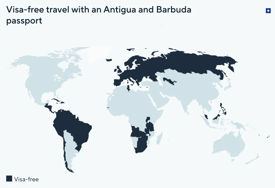Map of visa-free countries for investors holding an Antigua and Barbuda passport obtained through the citizenship-by-investment program