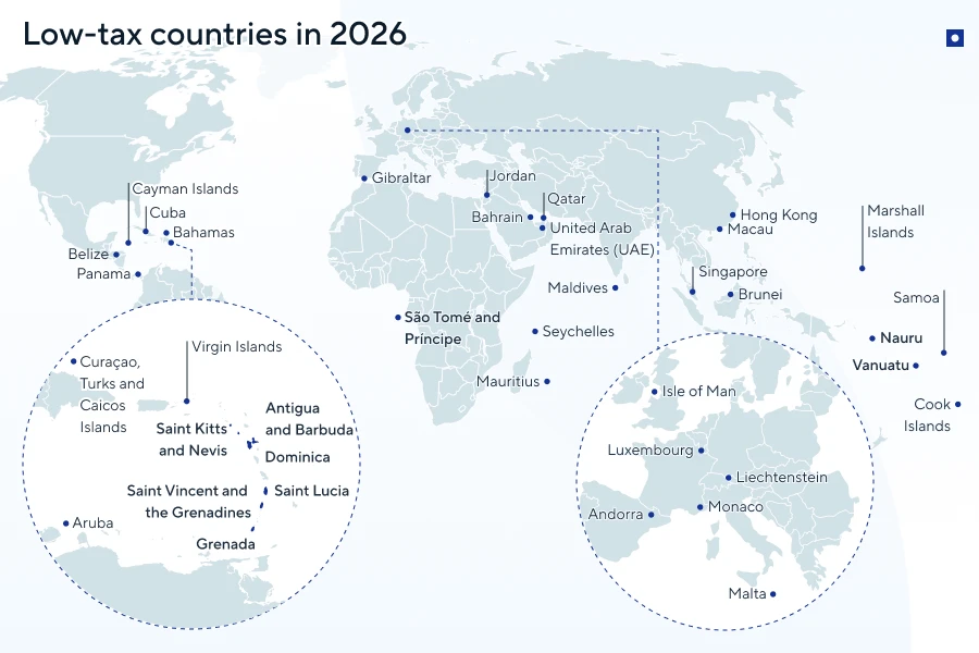 Low-tax countries in 2026 on the world map